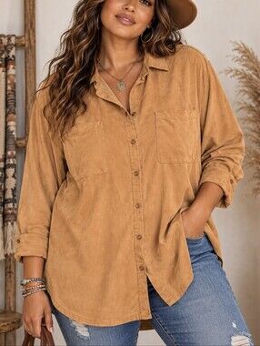 Plus Size 1X Tan Faux Suede Button Down Shirt Jacket Shacket
